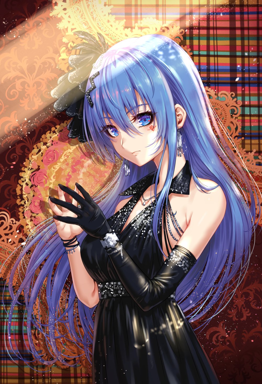 1girl abstract_background armpit_crease bangs bare_shoulders black_dress black_gloves blue_eyes blue_hair blush bracelet breasts closed_mouth collarbone commentary dress earrings elbow_gloves emori_miku emori_miku_project english_commentary eyebrows_visible_through_hair facial_mark feathers glint gloves hair_between_eyes hair_feathers hair_ornament highres jewelry long_hair medium_breasts necklace own_hands_together sakiyamama single_glove sleeveless sleeveless_dress solo upper_body very_long_hair