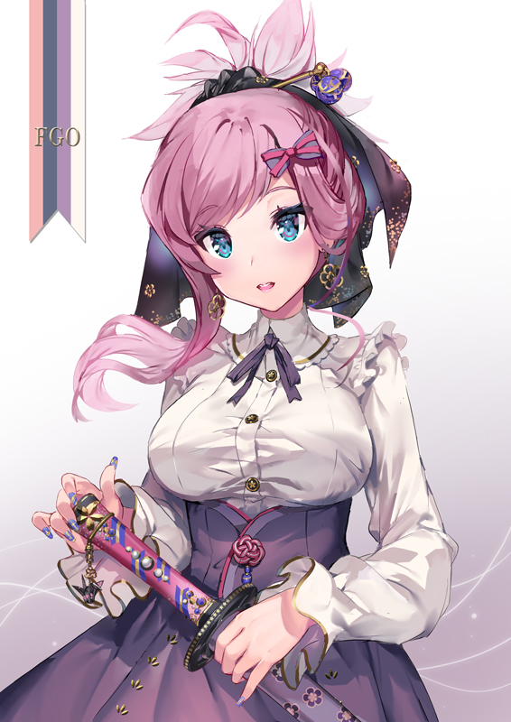 1girl aguy alternate_costume asymmetrical_hair blue_eyes blue_nails blush bow breasts charm_(object) copyright_name earrings fate/grand_order fate_(series) fingernails frilled_shirt frills gradient gradient_background hair_bow hair_ornament hair_stick high-waist_skirt holding holding_sword holding_weapon jewelry katana large_breasts long_fingernails long_hair long_sleeves looking_at_viewer miyamoto_musashi_(fate/grand_order) nail_polish neck_ribbon parted_lips ponytail purple_neckwear purple_ribbon purple_skirt ribbon sheath sheathed shirt single_sidelock skirt smile solo sword weapon