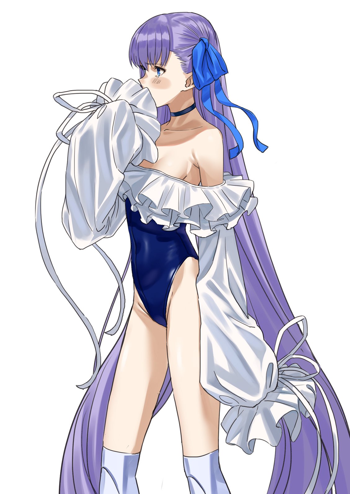 1girl bangs bare_shoulders blue_eyes blue_ribbon blue_swimsuit breasts choker collarbone covered_navel covering_mouth fate/grand_order fate_(series) frills greaves hair_between_eyes highleg highleg_swimsuit highres long_hair long_sleeves meltryllis meltryllis_(swimsuit_lancer)_(fate) michihasu one-piece_swimsuit puffy_sleeves purple_hair ribbon simple_background sleeves_past_fingers sleeves_past_wrists small_breasts solo swimsuit thighs very_long_hair white_background