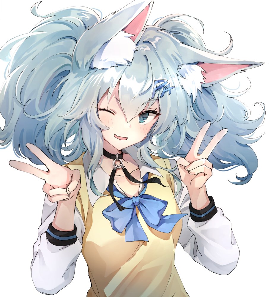 1girl ;d alternate_costume animal_ears bangs beige_vest blue_eyes blue_hair blue_neckwear blush bow bowtie breasts cat_ears choker collared_shirt double_v fang girls_frontline hair_between_eyes hair_ornament hana09487817 looking_at_viewer medium_hair one_eye_closed open_mouth pa-15_(girls_frontline) shirt simple_background skin_fang small_breasts smile solo twintails upper_body v white_background white_shirt