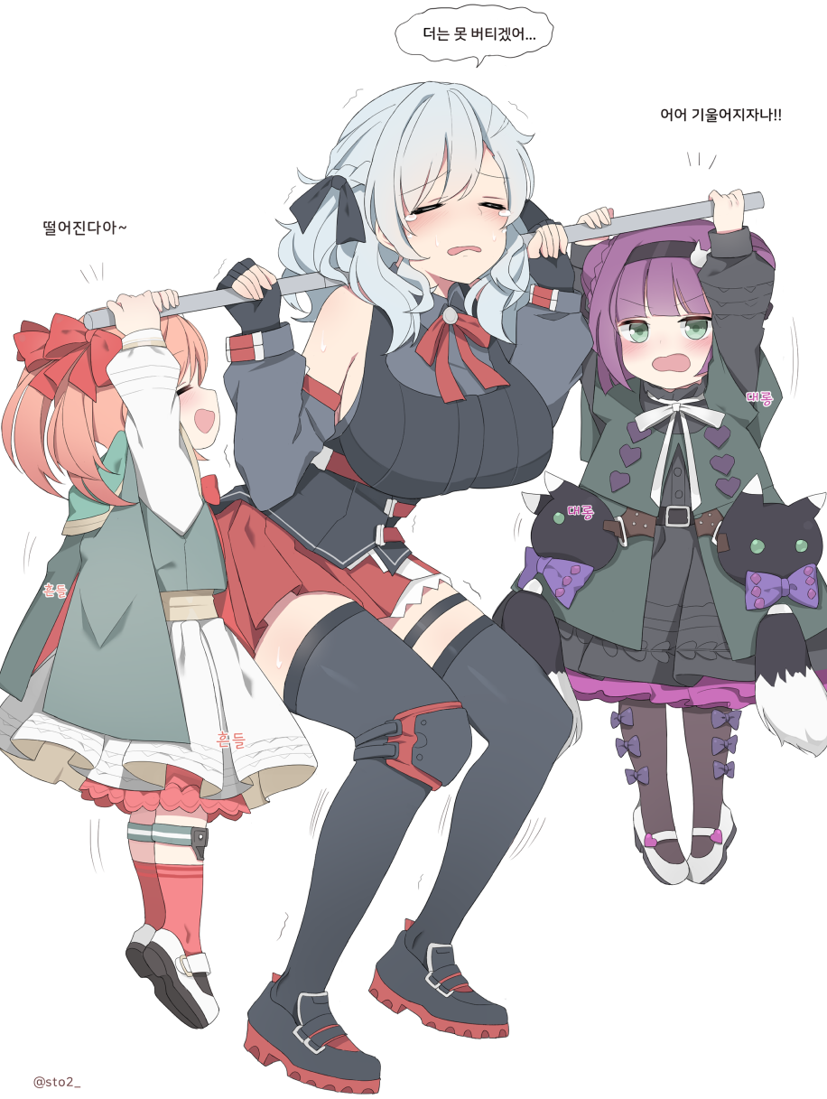 3girls alternate_costume bangs black_gloves black_legwear blush braid braided_bun breasts brown_hair carcano_m1891_(girls_frontline) carcano_m91/38_(girls_frontline) closed_eyes commentary_request fingerless_gloves girls_frontline gloves green_eyes hair_ribbon hairband hanging highres large_breasts long_sleeves multiple_girls open_mouth purple_hair red_legwear red_ribbon red_skirt ribbon shoes silver_hair simple_background skirt spas-12_(girls_frontline) speech_bubble thigh-highs translation_request twintails white_background ygjkoon younger