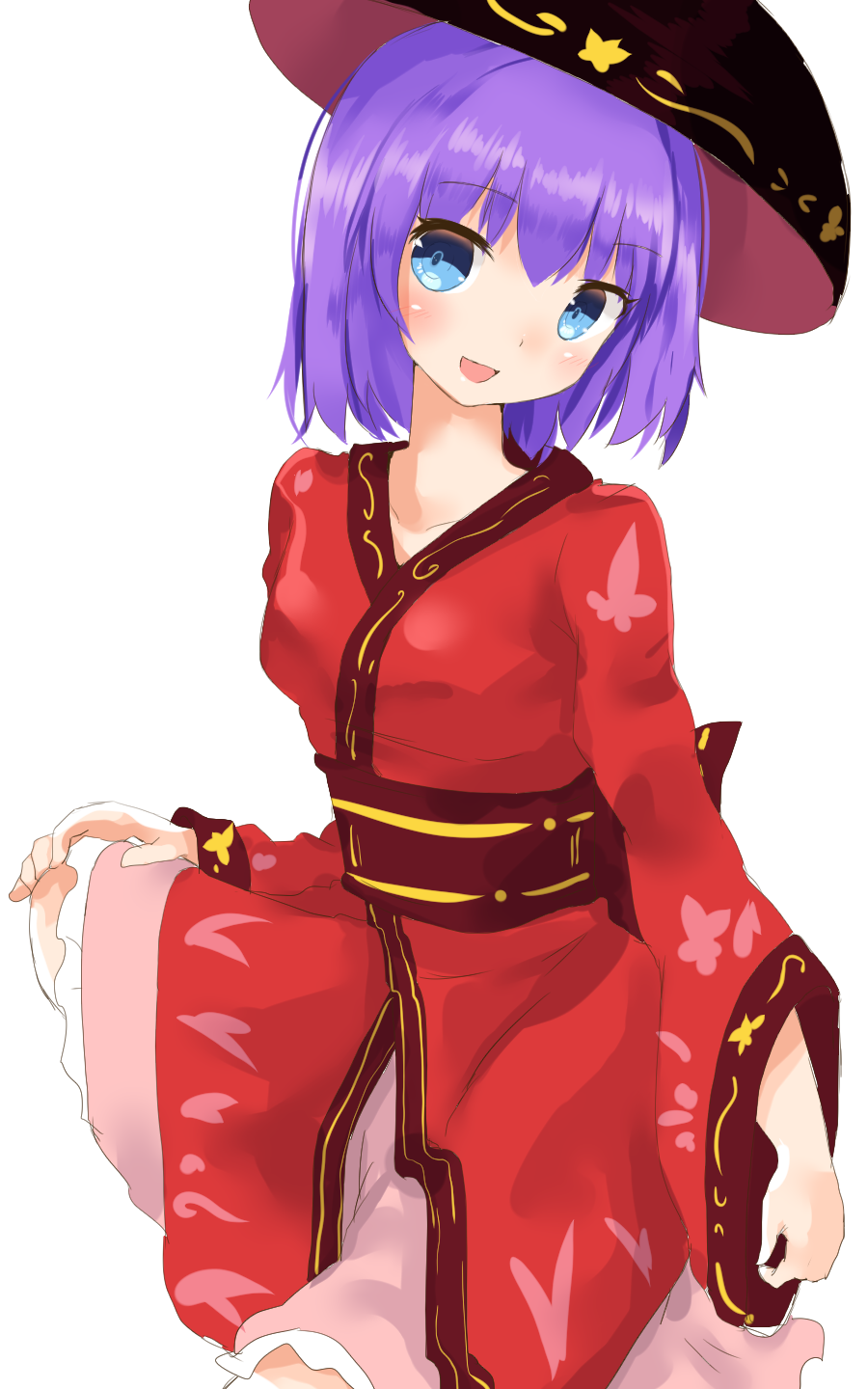 1girl blue_eyes bowl bowl_hat fujiko_(emnprmn) hat highres japanese_clothes kimono purple_hair sitting smile solo sukuna_shinmyoumaru touhou yukata