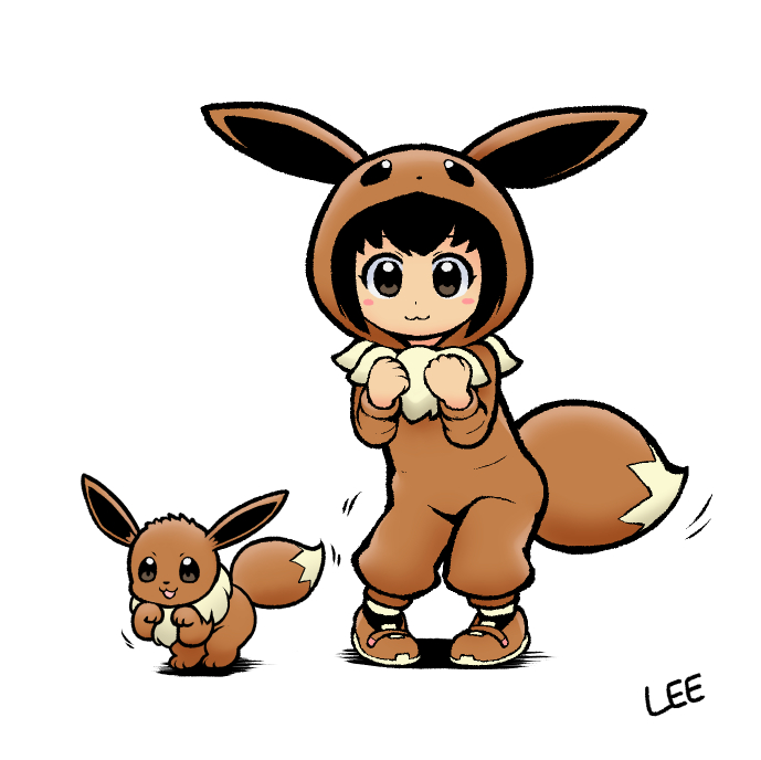 1girl :3 artist_name black_eyes black_hair blush_stickers child clenched_hand commentary_request cosplay eevee eevee_(cosplay) eevee_ears eevee_tail gen_1_pokemon lee_(colt) looking_at_viewer poke_kid_(pokemon) pokemon pokemon_(creature) simple_background smile white_background