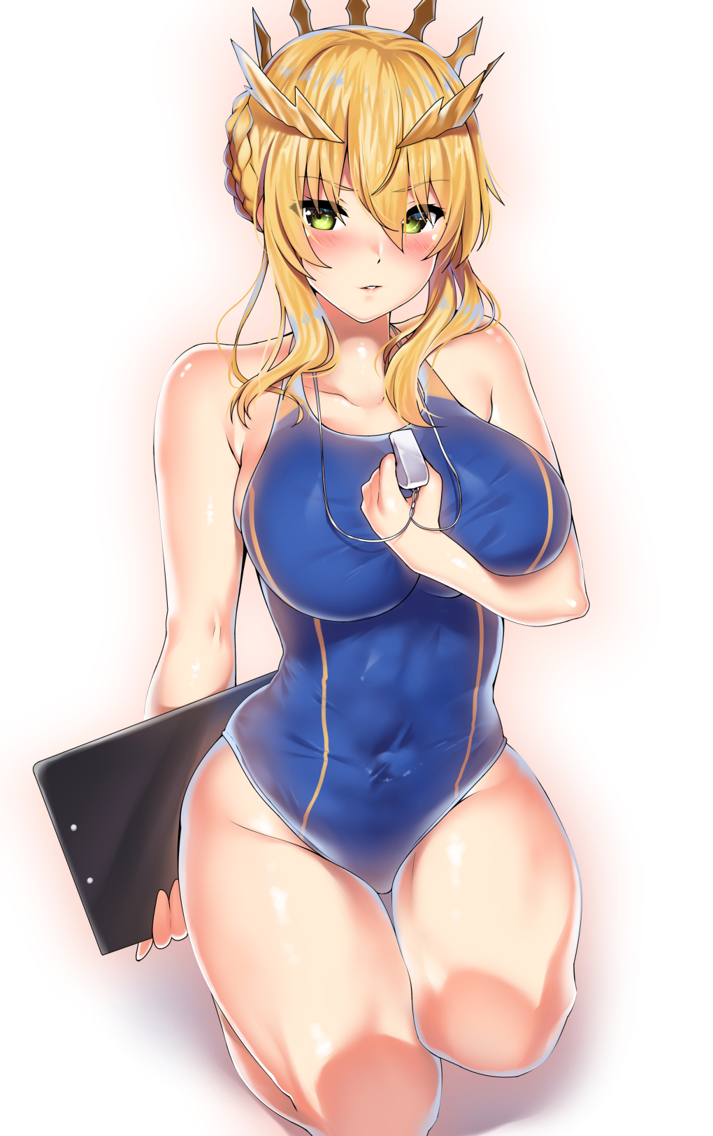 1girl artoria_pendragon_(all) artoria_pendragon_(lancer) bangs blue_swimsuit braid breasts clipboard collarbone competition_swimsuit fate/grand_order fate_(series) french_braid full_body hair_between_eyes highres kawai large_breasts one-piece_swimsuit sidelocks simple_background solo squatting swept_bangs swimsuit tiara whistle whistle_around_neck white_background