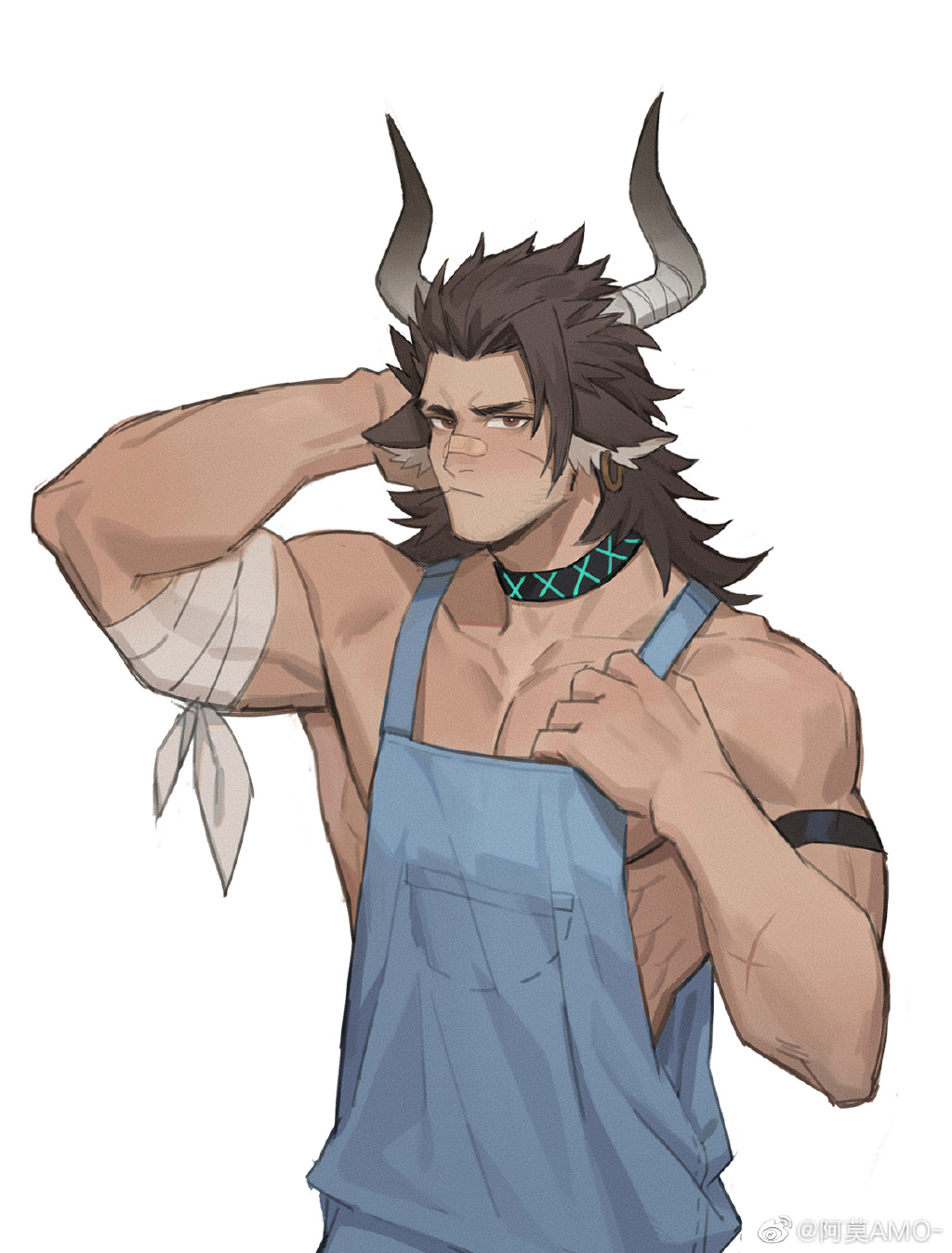 1boy amo9612 animal_ears arknights arm_behind_head armband bandaid bandaid_on_nose black_choker brown_eyes brown_hair choker cow_ears cow_horns earrings hand_up highres horns jewelry long_hair male_focus matterhorn_(arknights) muscle overalls scar simple_background solo watermark white_background