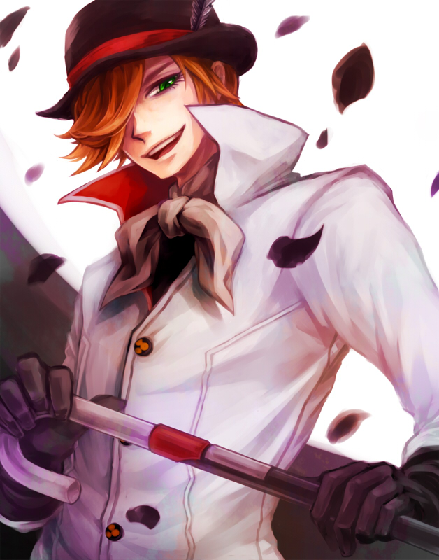 1boy asymmetrical_bangs bangs black_gloves black_headwear bowler_hat buttons cane choma collar commentary_request feathers gloves green_eyes hair_over_one_eye hat hat_feather high_collar holding holding_cane leaf long_sleeves looking_at_viewer male_focus open_mouth orange_hair roman_torchwick rwby short_hair simple_background smile solo stick teeth white_background
