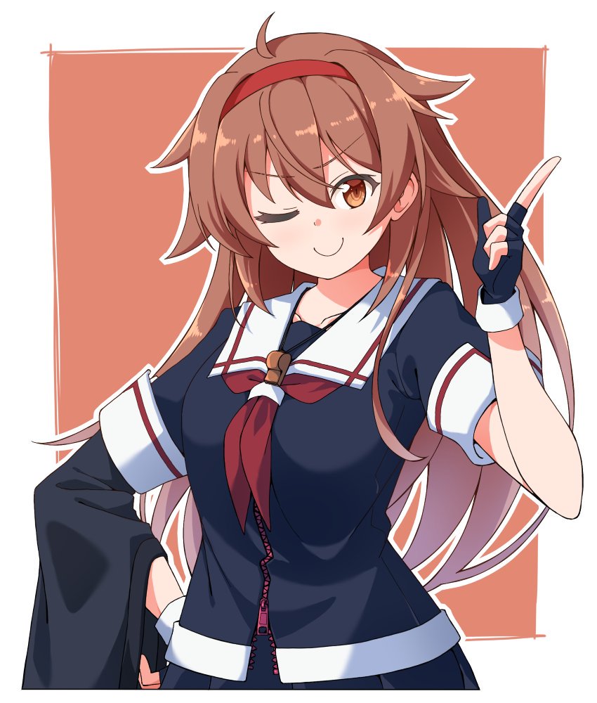 1girl asymmetrical_clothes baseu black_serafuku black_skirt border brown_eyes brown_hair hair_flaps hairband kantai_collection one_eye_closed orange_background pleated_skirt red_hairband remodel_(kantai_collection) sailor_collar school_uniform serafuku shiratsuyu_(kantai_collection) skirt solo two-tone_background whistle whistle_around_neck white_border white_sailor_collar