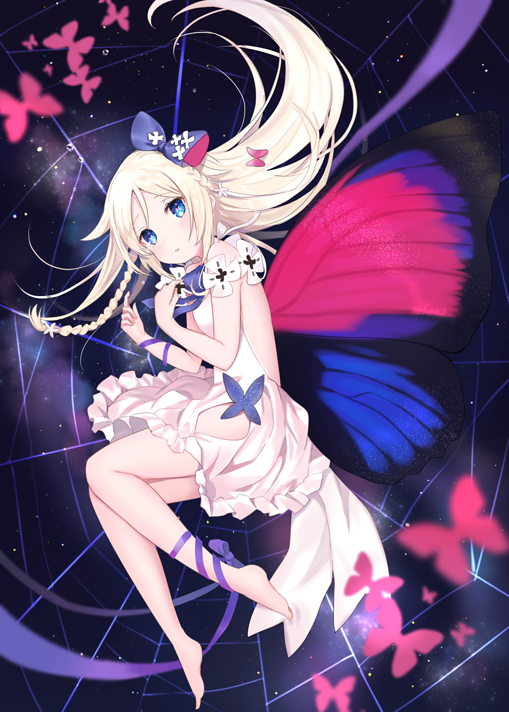 1girl backless_dress backless_outfit bare_shoulders barefoot blue_eyes bow bug butterfly butterfly_wings dress full_body hair_bow highres insect long_hair looking_at_viewer lying omelet_tomato on_side original parted_lips tears white_dress white_hair wings