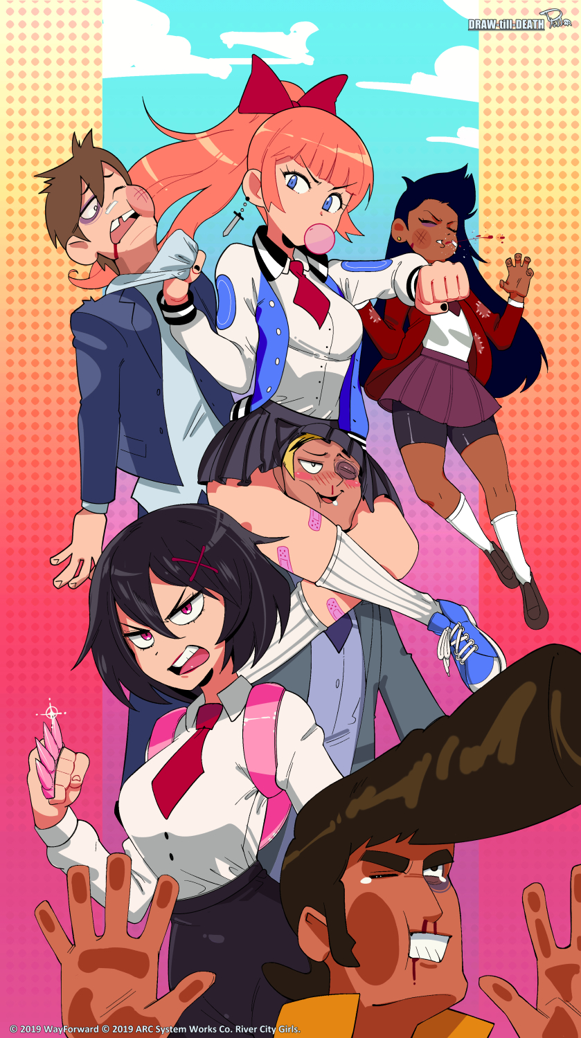 3boys 3girls bandaid between_legs between_thighs bike_shorts black_hair blazer blood blush bow brass_knuckles bruise bruised_eye chewing_gum dark_skin draw-till-death earrings fighting hair_bow half-closed_eyes highres injury jacket jewelry kunio-kun_series kyoko_(kunio-kun) leg_lock letterman_jacket misako_(kunio-kun) multiple_boys multiple_girls necktie nosebleed open_clothes open_mouth orange_hair pink_eyes pleated_skirt ponytail punching river_city_girls school_uniform shirt_pull shoes shorts shorts_under_skirt skirt socks weapon