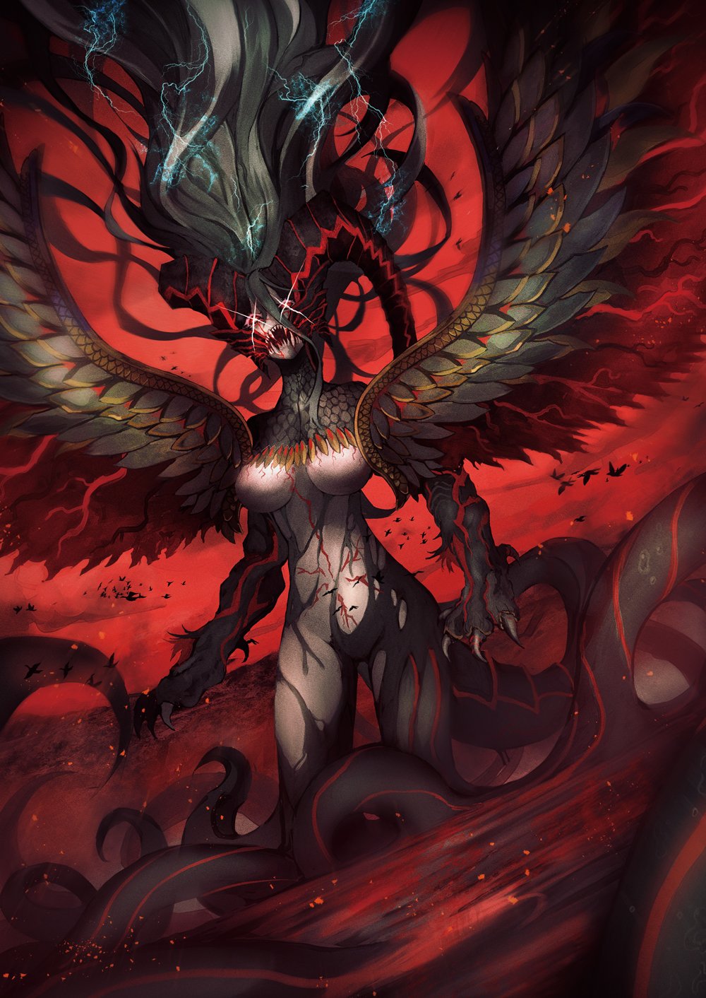 +_+ 1girl blue_hair breasts dragon_girl extra_singular fate/grand_order fate_(series) gloves hair_between_eyes highres horns large_breasts large_wings long_hair long_horns looking_at_viewer monster_girl navel open_mouth pink_eyes pointy_ears pubic_tattoo solo stomach_tattoo striped striped_gloves symbol-shaped_pupils tail tattoo thigh-highs tiamat_(fate/grand_order) very_long_hair wings