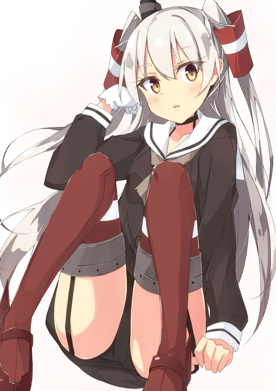 1girl amatsukaze_(kantai_collection) bangs beritabo black_dress black_panties blush brown_eyes brown_neckwear commentary_request dress eyebrows_visible_through_hair garter_straps gloves gradient gradient_background grey_background hair_between_eyes hair_tubes highres kantai_collection knees_up long_sleeves looking_at_viewer panties parted_lips red_footwear red_legwear rudder_footwear sailor_collar sailor_dress shoes silver_hair single_glove solo thigh-highs two_side_up underwear white_background white_gloves white_sailor_collar windsock