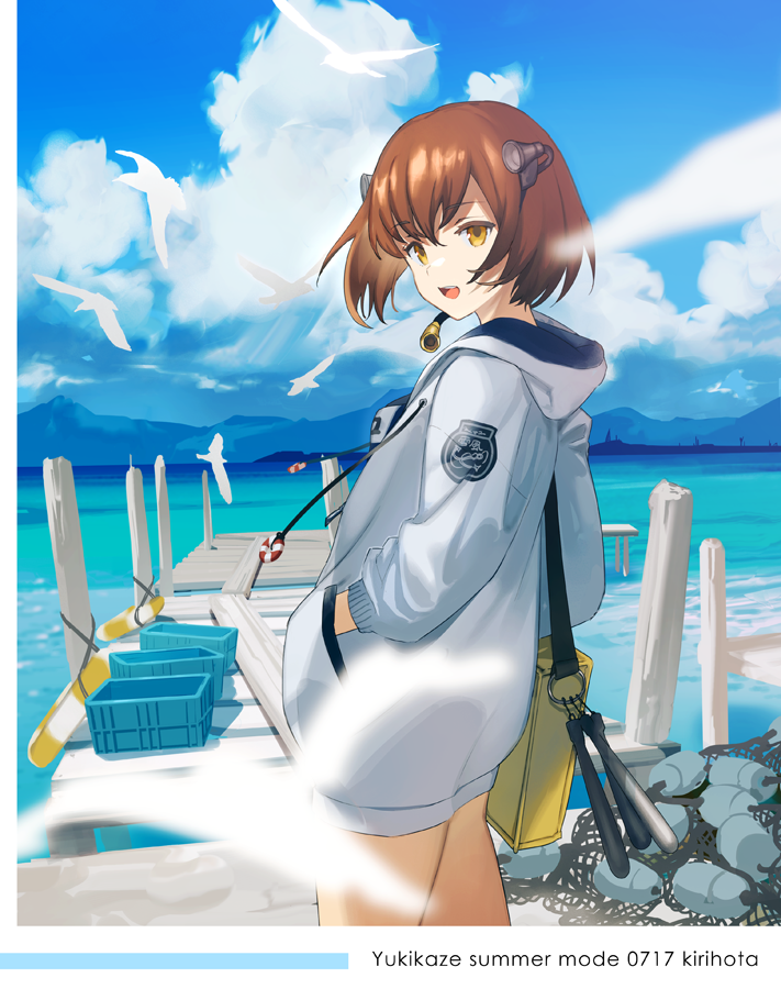 1girl alternate_costume ass bag bangs bird blue_sky blush brown_eyes brown_hair clouds commentary day dock from_behind hands_in_pockets headgear hood hood_down hooded_jacket jacket kantai_collection kirihota long_sleeves looking_at_viewer looking_back ocean open_mouth outdoors seagull short_hair shoulder_bag sidelocks sky solo speaking_tube_headset yukikaze_(kantai_collection)