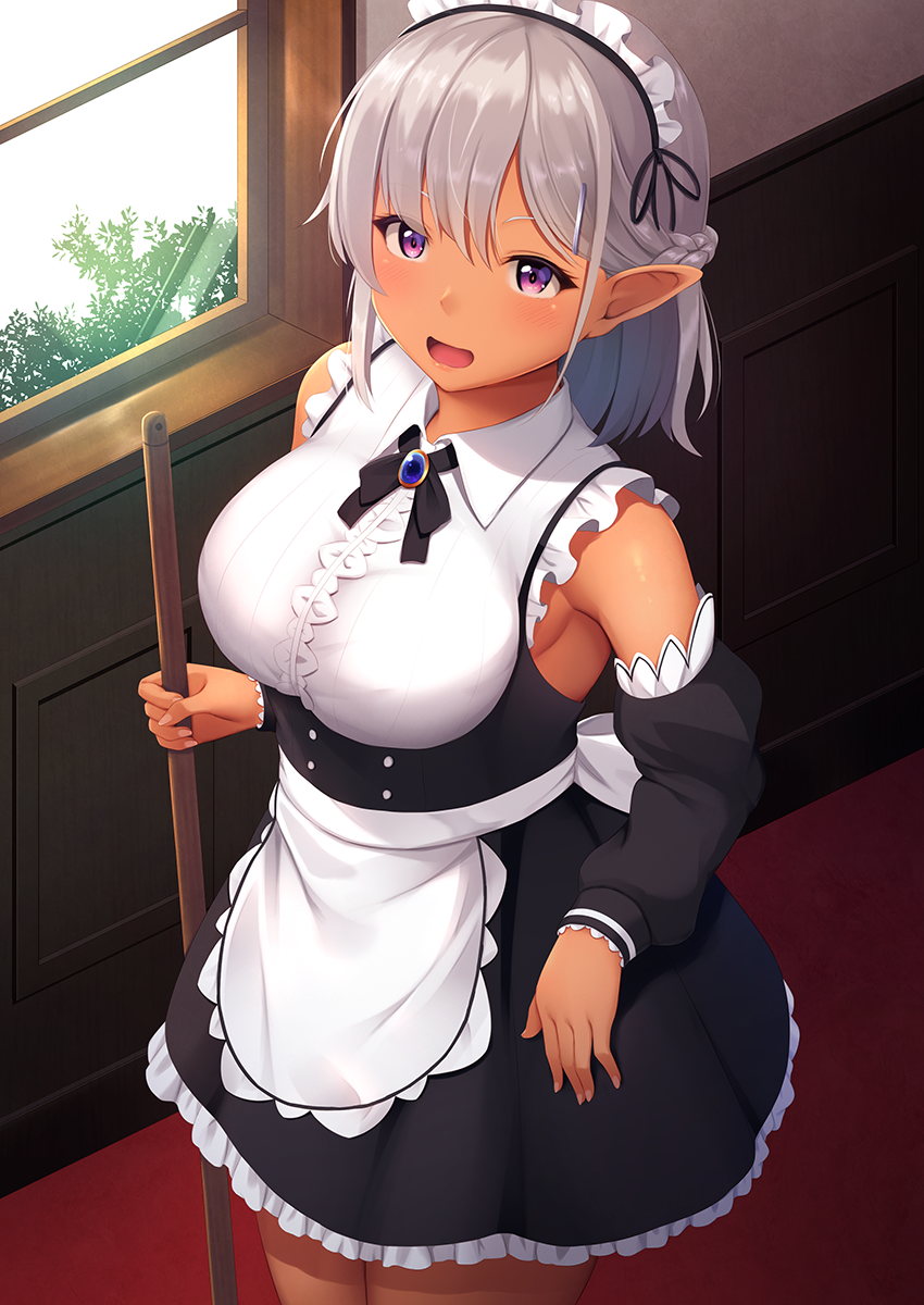 1girl :d apron bangs bare_shoulders black_dress black_neckwear black_ribbon blush braid breasts cowboy_shot dark_skin detached_sleeves dress elf frilled_dress frills gem hair_ornament hairclip highres holding indoors large_breasts long_hair long_sleeves looking_at_viewer maid_headdress momo_no_kanzume neck_ribbon open_mouth original pointy_ears ribbon sapphire_(gemstone) silver_hair smile solo standing underbust violet_eyes waist_apron white_apron window