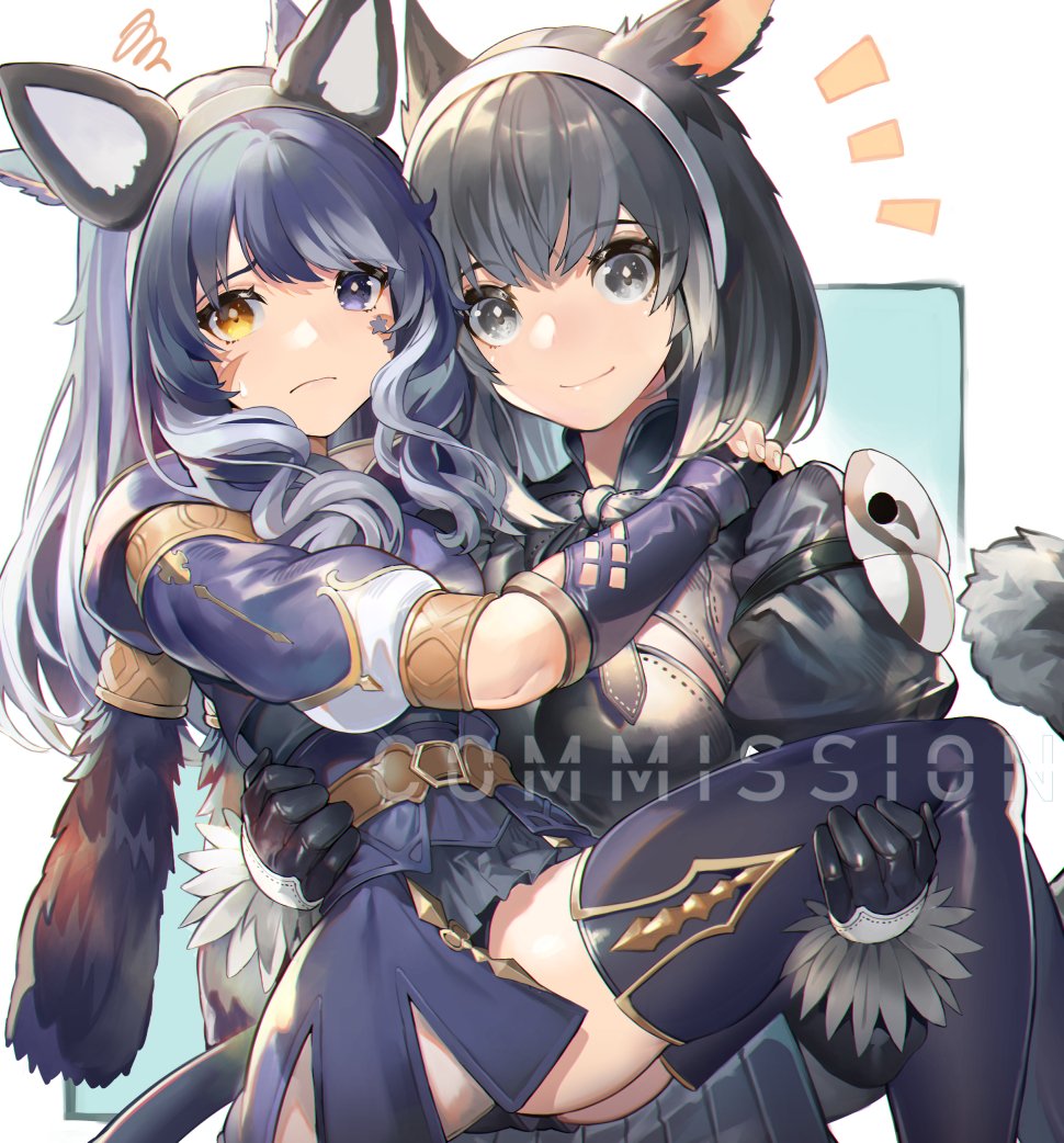 2girls akizone animal_ears bangs black_eyes black_gloves black_legwear blue_eyes brown_hairband check_copyright commentary commission eyebrows_visible_through_hair fake_animal_ears final_fantasy final_fantasy_xiv frown fur_trim gloves hairband heterochromia holding_another long_hair looking_at_viewer mask medium_hair miqo'te multiple_girls puffy_sleeves short_sleeves smile thigh-highs wolf-ears yellow_eyes