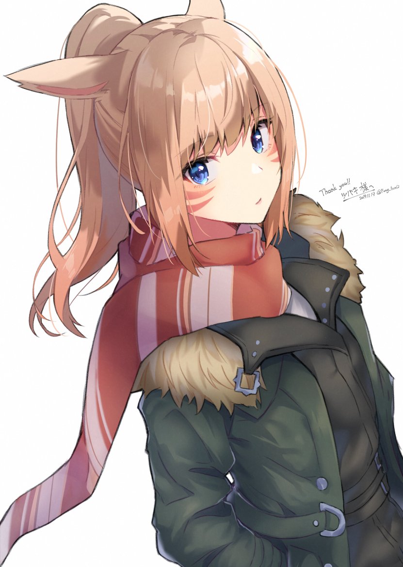 1girl animal_ears blonde_hair blue_eyes cat_ears coat final_fantasy final_fantasy_xiv fur_trim hood long_hair looking_at_viewer miqo'te ponytail scarf whisker_markings