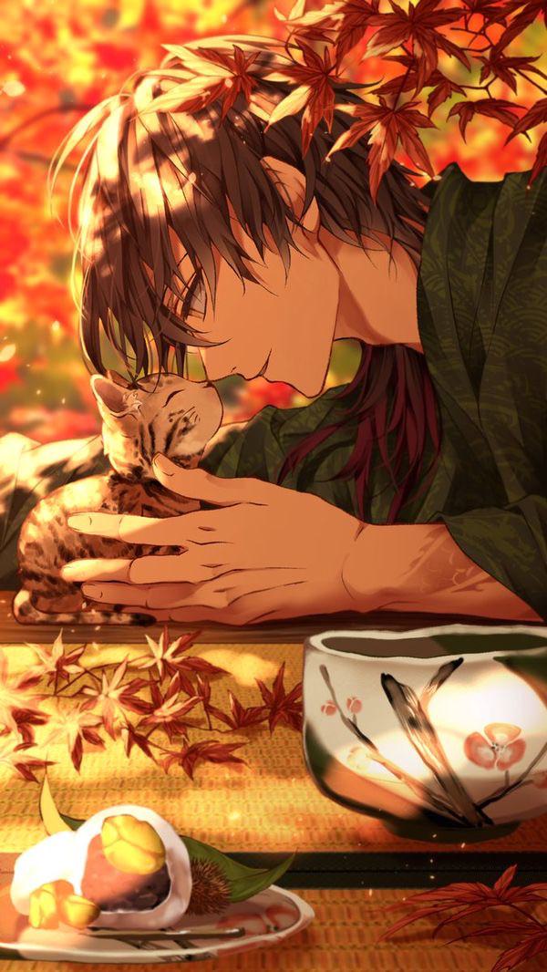 animal autumn autumn_leaves gokotai's_tigers multicolored_hair ookurikara petting tattoo touken_ranbu two-tone_hair yellow_eyes