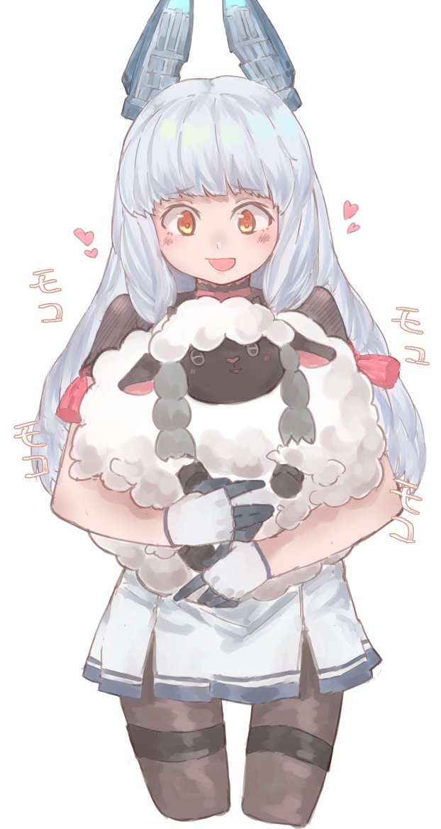 1girl 1other az_toride bangs black_legwear blunt_bangs cowboy_shot cropped_legs dress fingerless_gloves gloves hair_ribbon headgear hug kantai_collection long_hair murakumo_(kantai_collection) orange_eyes pantyhose remodel_(kantai_collection) ribbon sheep sidelocks silver_hair simple_background smile thighband_pantyhose tress_ribbon white_background white_dress white_gloves