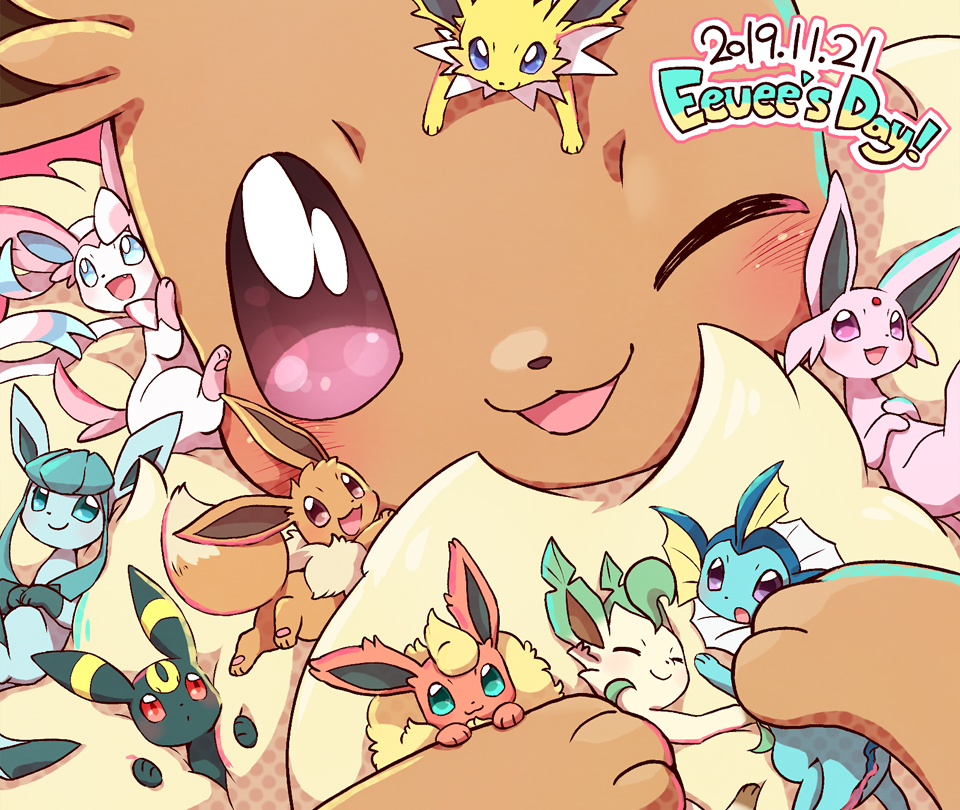 :d :o aqua_eyes blue_eyes blush chibi chibi_inset commentary_request dated dual_persona eevee espeon fang flareon forehead_jewel gen_1_pokemon gen_2_pokemon gen_4_pokemon gen_6_pokemon glaceon holding jolteon leafeon light_blue_eyes lying no_humans on_back one_eye_closed open_mouth pink_eyes pokemon red_eyes sleeping smile sylveon tagme umbreon vaporeon violet_eyes wataametulip