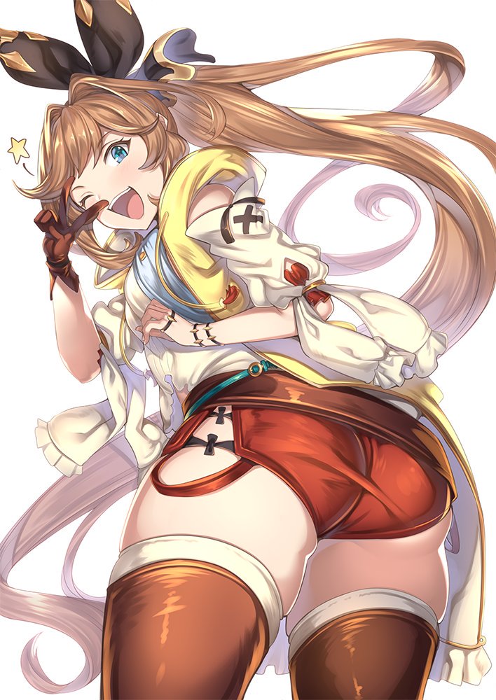 110yennohito 1girl ass atelier_(series) atelier_ryza belt blue_belt brown_gloves brown_hair clarisse_(granblue_fantasy) cosplay detached_sleeves gloves granblue_fantasy green_eyes hair_intakes hair_ribbon jacket long_hair one_eye_closed open_mouth ponytail red_shorts reisalin_stout reisalin_stout_(cosplay) ribbon short_shorts shorts simple_background single_glove sleeveless sleeveless_jacket solo v white_background yellow_jacket