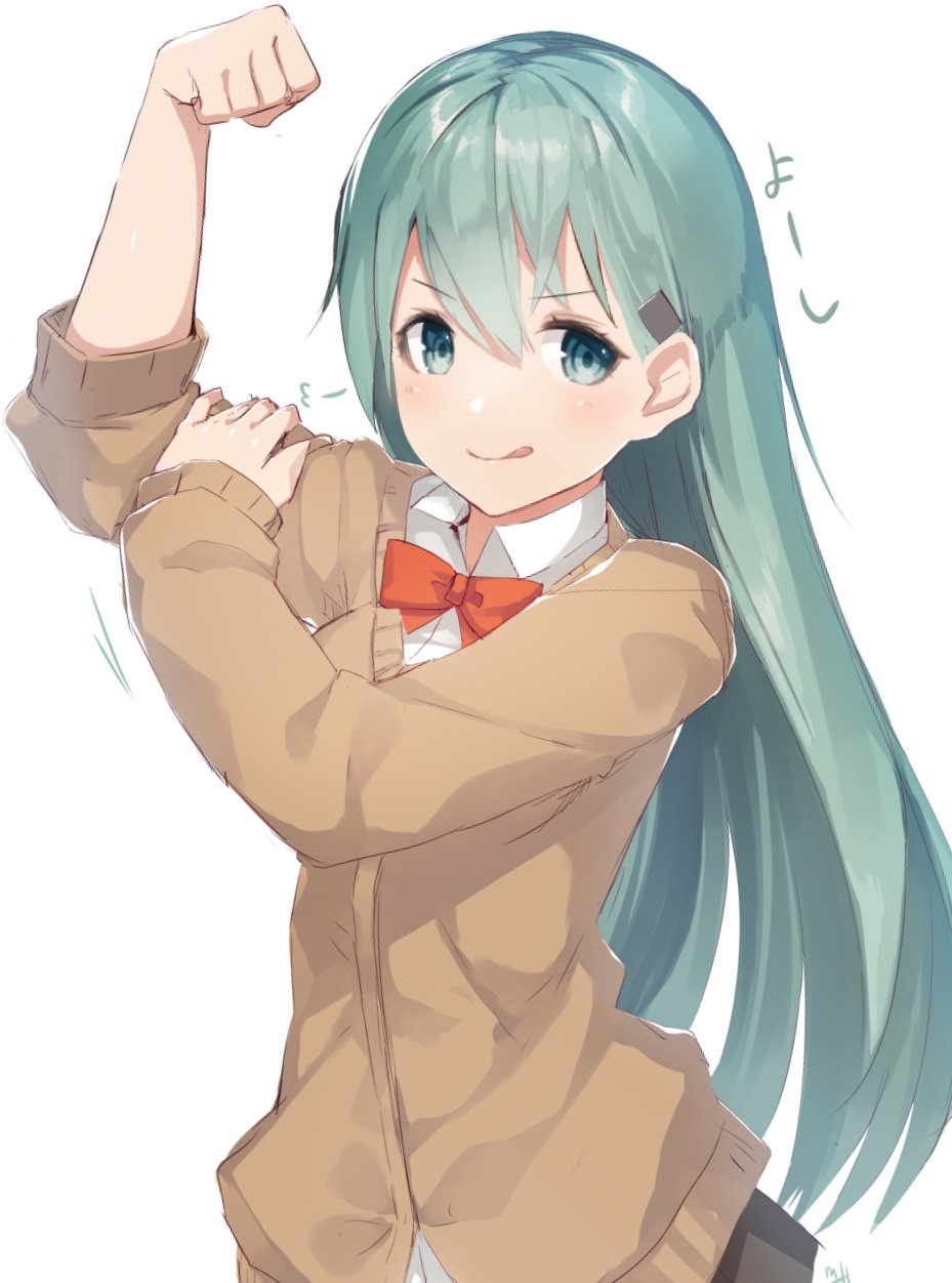 1girl aqua_eyes aqua_hair bras_d'honneur brown_cardigan clenched_hand hair_ornament hairclip highres kantai_collection long_hair looking_at_viewer meth_(emethmeth) orange_neckwear school_uniform simple_background sleeves_rolled_up solo suzuya_(kantai_collection) tongue tongue_out upper_body white_background