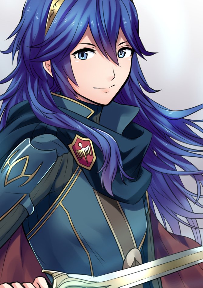 1girl ameno_(a_meno0) black_sweater blue_cape blue_eyes blue_hair breastplate cape closed_mouth commentary_request eyebrows_visible_through_hair falchion_(fire_emblem) fire_emblem fire_emblem_awakening floating_hair hair_between_eyes hair_ornament holding holding_sword holding_weapon lips long_hair looking_at_viewer lucina lucina_(fire_emblem) multicolored multicolored_cape multicolored_clothes red_cape ribbed_sweater shoulder_armor simple_background smile solo sweater sword tiara turtleneck turtleneck_sweater weapon