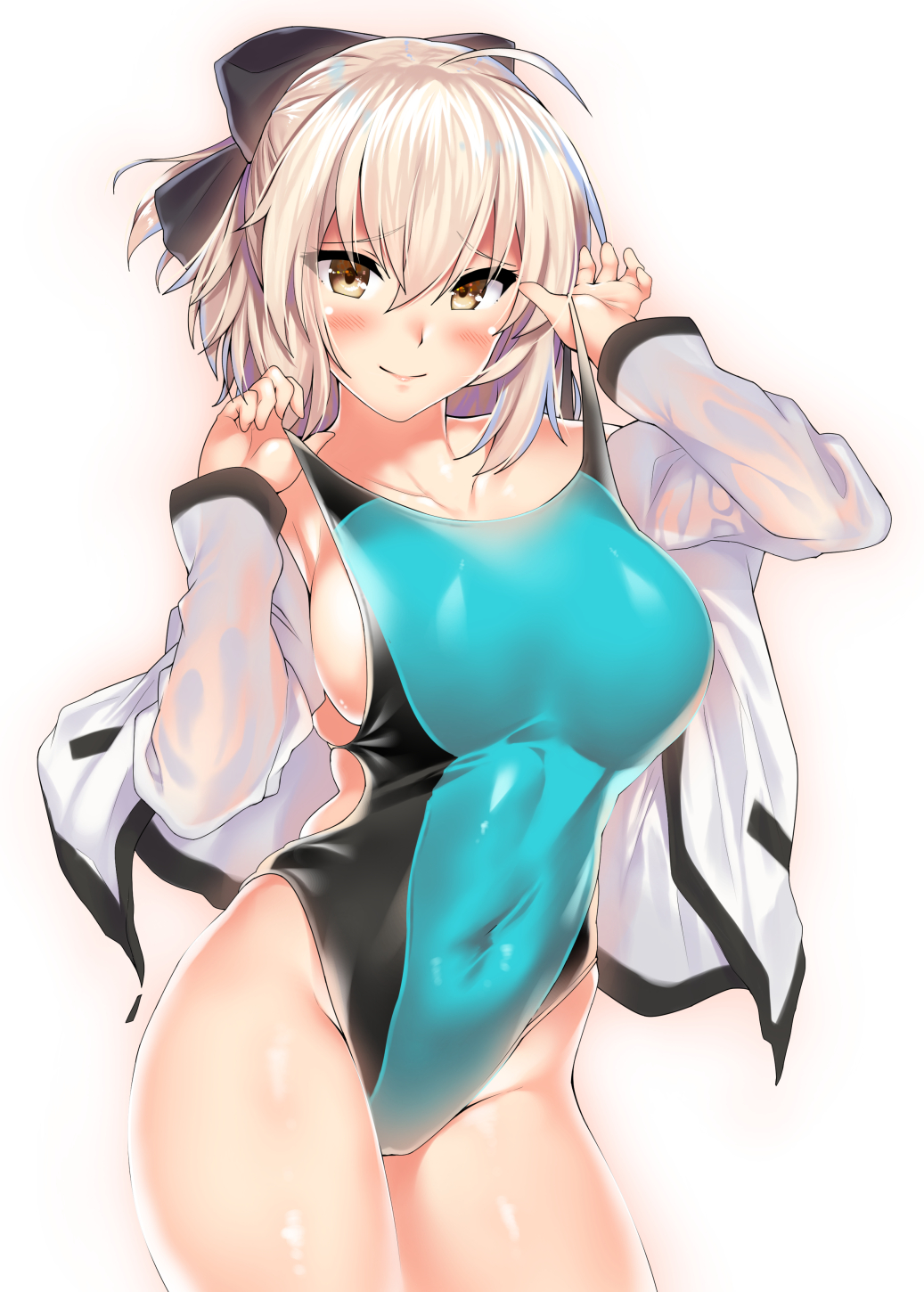 1girl aqua_swimsuit beach black_bow bow breasts collarbone competition_swimsuit covered_navel cowboy_shot fate/grand_order fate_(series) hair_bow half_updo highleg highleg_swimsuit highres jacket kawai light_brown_hair looking_at_viewer medium_breasts okita_souji_(fate)_(all) okita_souji_(swimsuit_assassin)_(fate) one-piece_swimsuit shinsengumi short_hair smile solo swimsuit white_background