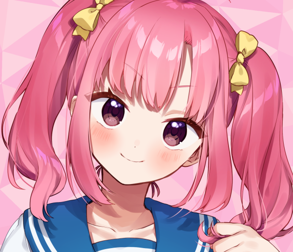 &gt;:) 1girl achikita_chinami bangs blue_sailor_collar blush bow brown_eyes closed_mouth collarbone eyebrows_visible_through_hair hair_bow hand_up head_tilt holding holding_hair nijisanji pink_hair portrait sailor_collar smile solo twintails v-shaped_eyebrows virtual_youtuber yamabukiiro yellow_bow