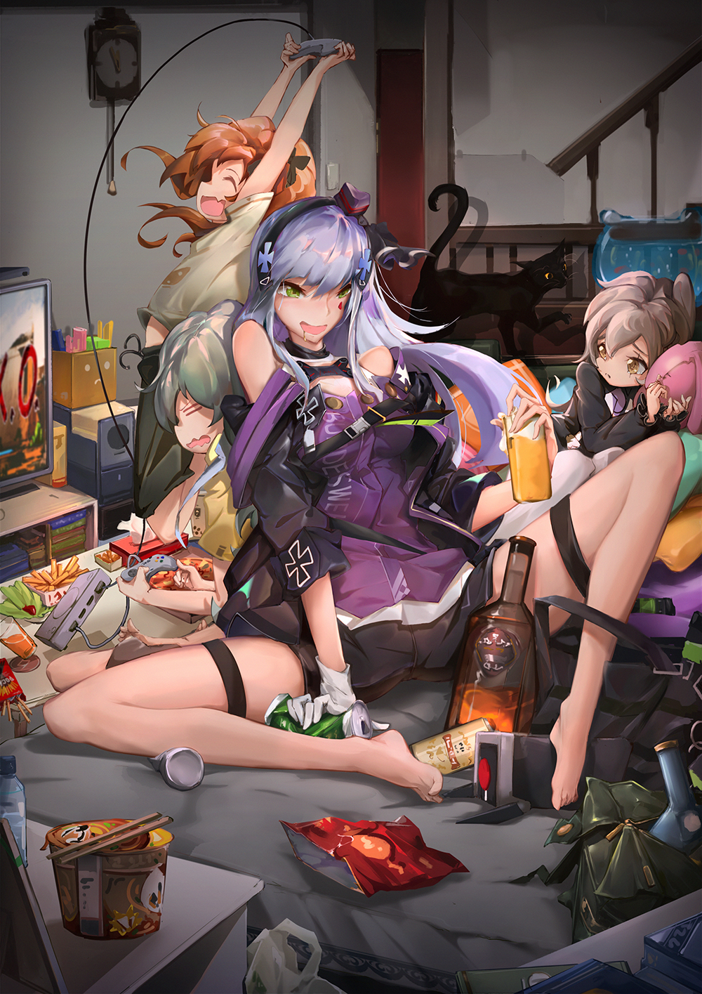 404_(girls_frontline) 4girls alcohol bag bag_of_chips beer beer_can blue_hair blush brown_eyes brown_hair can cat chopsticks closed_eyes cup dinergate_(girls_frontline) disposable_cup drunk g11_(girls_frontline) game_console girls_frontline glass glass_bottle green_eyes grey_hair highres hk416_(girls_frontline) instant_ramen iron_cross jack_daniel's mod3_(girls_frontline) multiple_girls plastic_bag playing_games playstation playstation_controller renze_l scenery stuffed_animal stuffed_toy ump45_(girls_frontline) ump9_(girls_frontline) younger