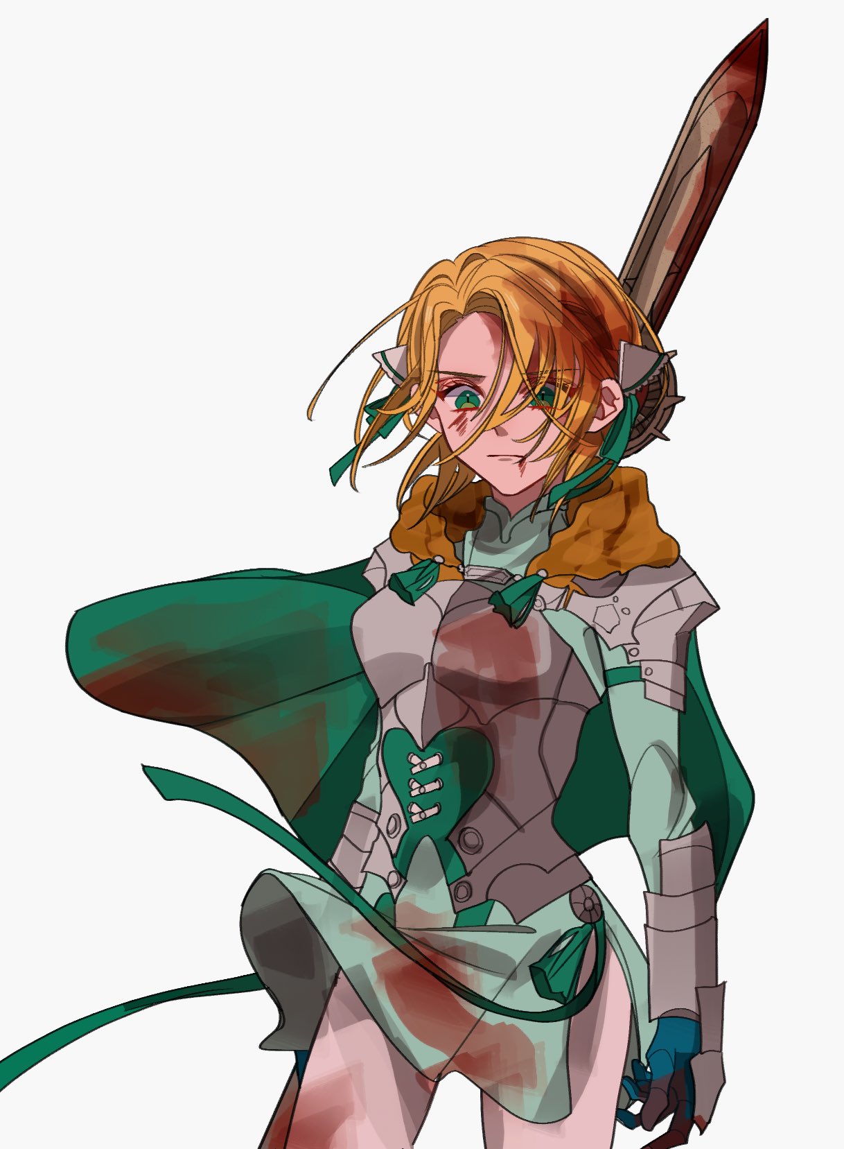 1girl armor bleeding blonde_hair blood blood_from_mouth blood_on_face blood_stain bloody_clothes bloody_hair bloody_hands bloody_weapon breastplate cape eyelashes fire_emblem fire_emblem:_three_houses fur_trim gauntlets gloves green_eyes hair_ribbon highres holding holding_weapon ingrid_brandl_galatea injury lance looking_down messy_hair pikapika_hoppe polearm ribbon short_hair shoulder_armor solo spaulders weapon wind wind_lift