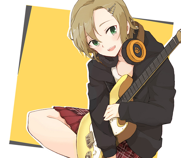 1girl :d bangs black_jacket brown_hair electric_guitar enu_(roco_roco44) green_eyes guitar hair_between_eyes hair_ornament hairclip headphones headphones_around_neck hood hood_down hooded_jacket idolmaster idolmaster_cinderella_girls instrument jacket long_sleeves looking_at_viewer open_clothes open_jacket open_mouth parted_bangs plaid plaid_skirt red_skirt shirt sitting skirt smile solo tada_riina upper_teeth white_shirt