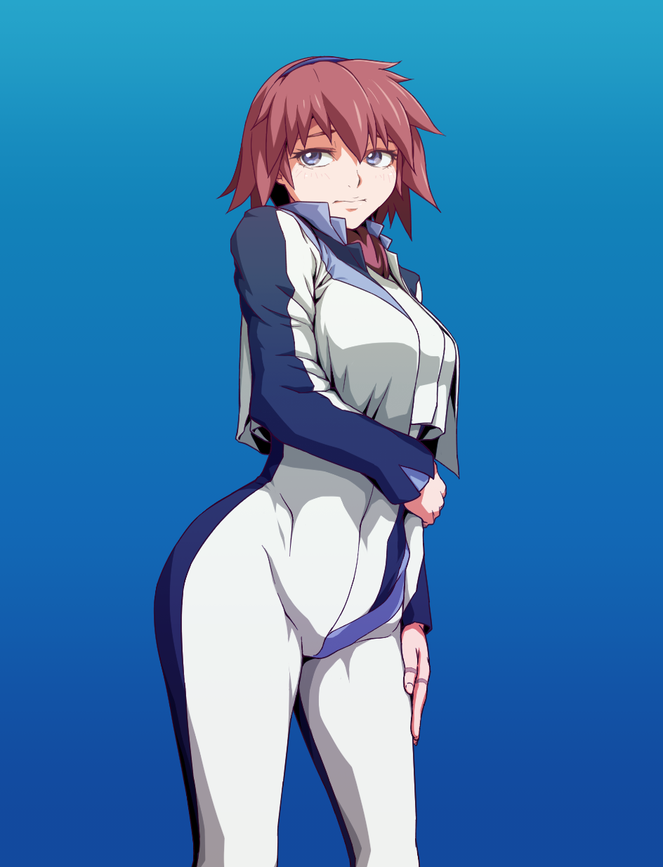 1girl blue_background blue_eyes bodysuit breasts canon_memphis closed_mouth commentary_request crop_top crop_top_overhang hair_between_eyes hairband highres long_sleeves looking_to_the_side medium_breasts medium_hair neckerchief redhead shiny shiny_hair simple_background solo soukyuu_no_fafner standing uganda