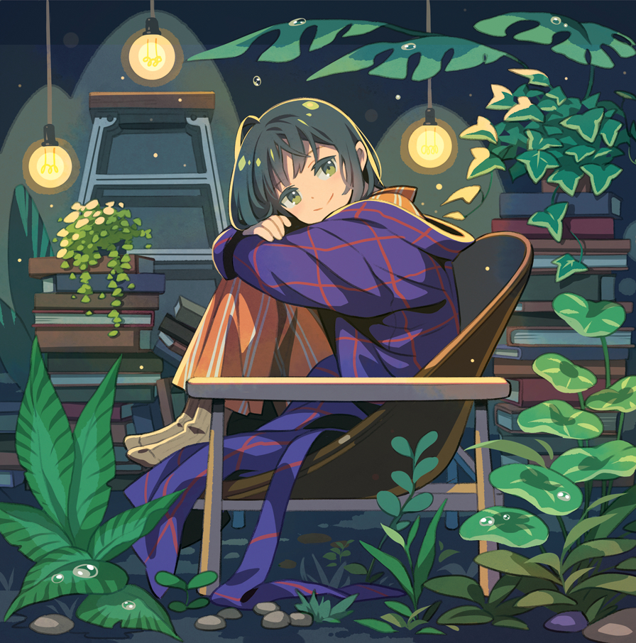 1girl bangs bf._(sogogiching) black_hair book_stack comitia crossed_arms green_eyes indoors looking_at_viewer original pajamas plant profile short_hair sitting smile solo