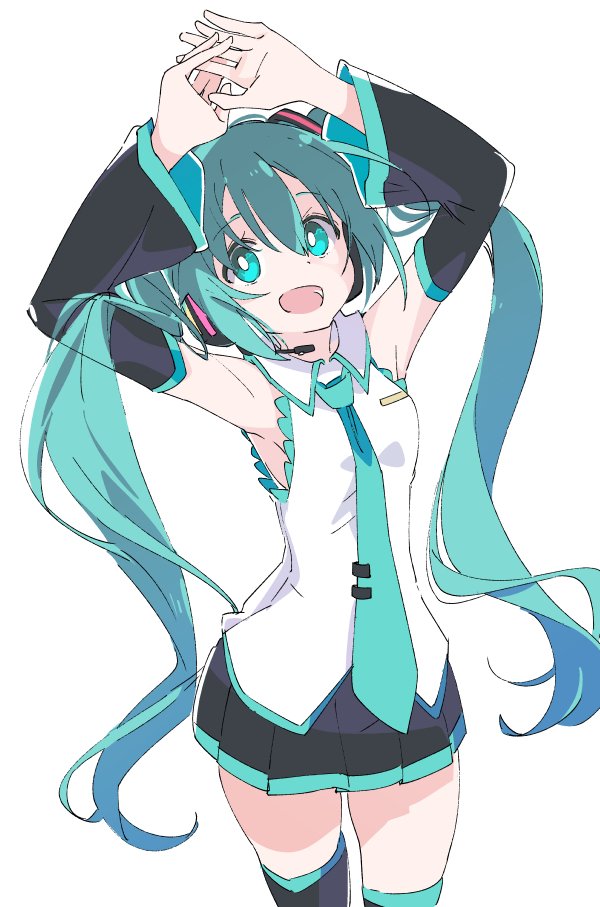 1girl :d aqua_eyes aqua_hair aqua_neckwear armpits black_legwear black_skirt detached_sleeves eyebrows_visible_through_hair hair_between_eyes hatsune_miku headset ixy long_hair looking_at_viewer necktie open_mouth pleated_skirt simple_background skirt smile solo thigh-highs twintails vocaloid white_background zettai_ryouiki