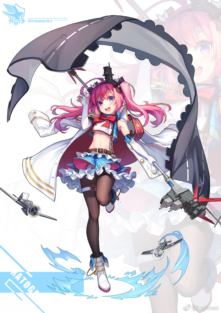1girl :d ahoge aircraft armband azur_lane bare_shoulders belt blue_skirt boots bow bowtie brown_legwear chain commentary_request crop_top crop_top_overhang elbow_gloves gloves hair_ornament hand_up highres jacket_on_shoulders latioss leg_up long_hair long_sleeves looking_at_viewer midriff miniskirt navel open_mouth pantyhose partly_fingerless_gloves pink_hair retrofit_(azur_lane) saratoga_(azur_lane) shirt skirt sleeveless sleeveless_shirt smile solo stomach thigh_strap twintails violet_eyes white_coat white_gloves white_shirt wing_collar zoom_layer