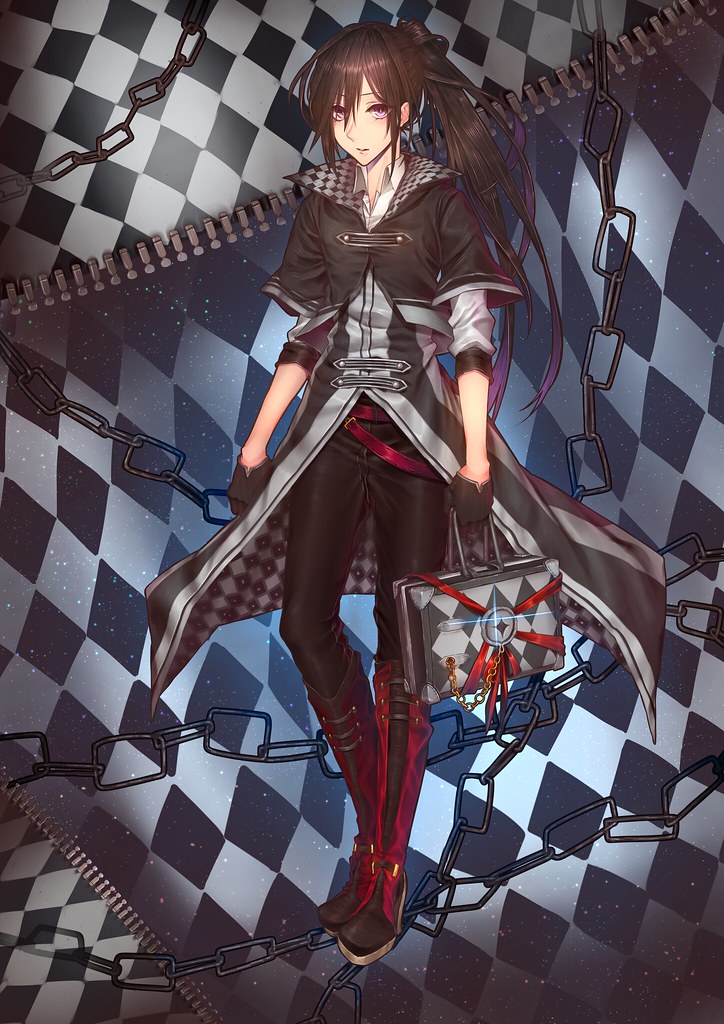 argyle argyle_background bag belt black_footwear black_gloves black_jacket black_pants brown_hair chain clenched_hand gloves handbag jacket kami_yuuyako long_hair looking_at_viewer original pants vampire very_long_hair violet_eyes