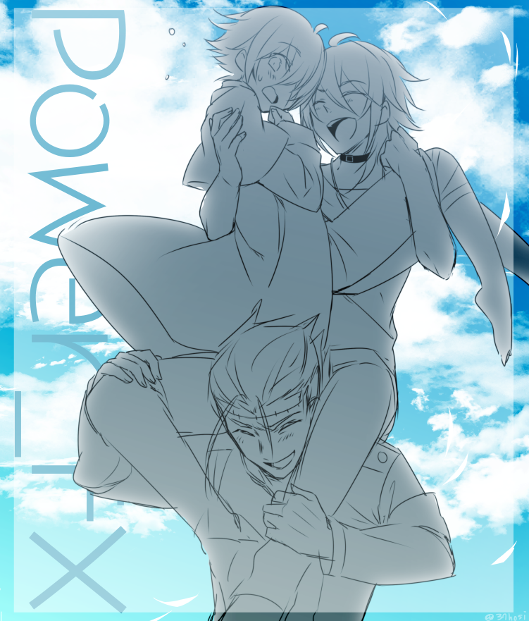 3boys ahoge bangs big_al blue_sky blush capelet carrying closed_eyes clouds cloudy_sky collar day facial_scar facing_another jacket looking_down male_focus mizuhoshi_taichi monochrome multiple_boys oliver_(vocaloid) open_mouth princess_carry scar short_hair sitting_on_shoulder sky smile standing vocaloid yohioloid