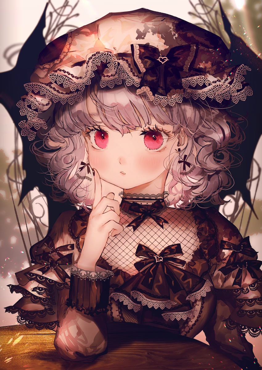 1girl abstract_background alternate_costume black_dress black_neckwear blush commentary_request curly_hair dangle_earrings dress elbow_rest eyelashes finger_to_cheek frilled_dress frills gothic_lolita hat highres lace lace-trimmed_dress lace-trimmed_headwear lace-trimmed_sleeves lavender_hair lolita_fashion long_sleeves looking_at_viewer majamari mob_cap neck_ribbon parted_lips red_eyes remilia_scarlet ribbon short_hair sitting solo table touhou upper_body wooden_table