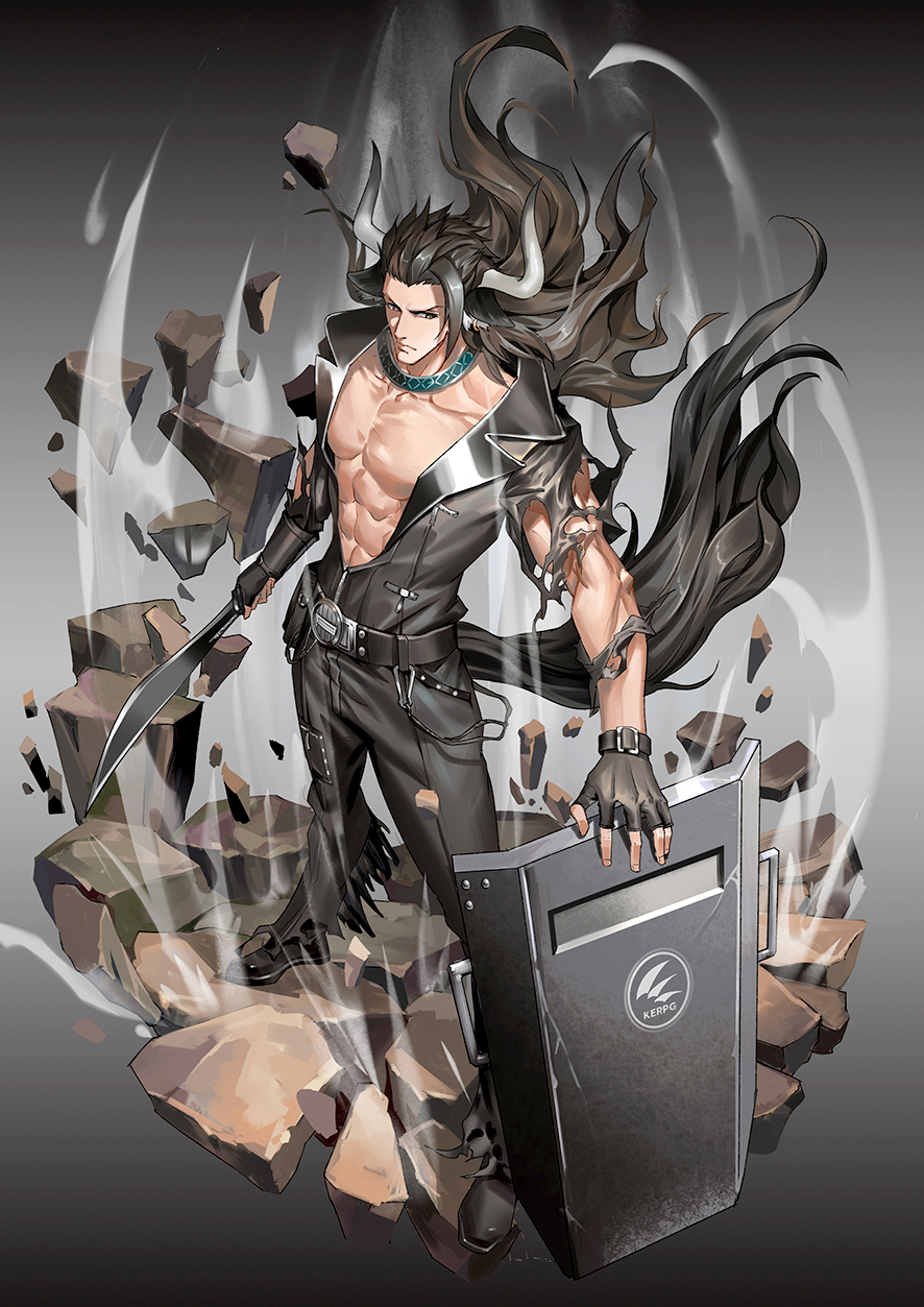 1boy abs animal_ears arknights awer belt black_footwear black_gloves black_jacket black_pants bracer brown_hair cow_ears cow_horns ear_piercing fingerless_gloves full_body gloves gradient gradient_background grey_background highres holding holding_weapon horns jacket machete male_focus matterhorn_(arknights) muscle open_clothes open_jacket pants pectorals piercing riot_shield rock rubble shoes standing tail torn_clothes weapon wind