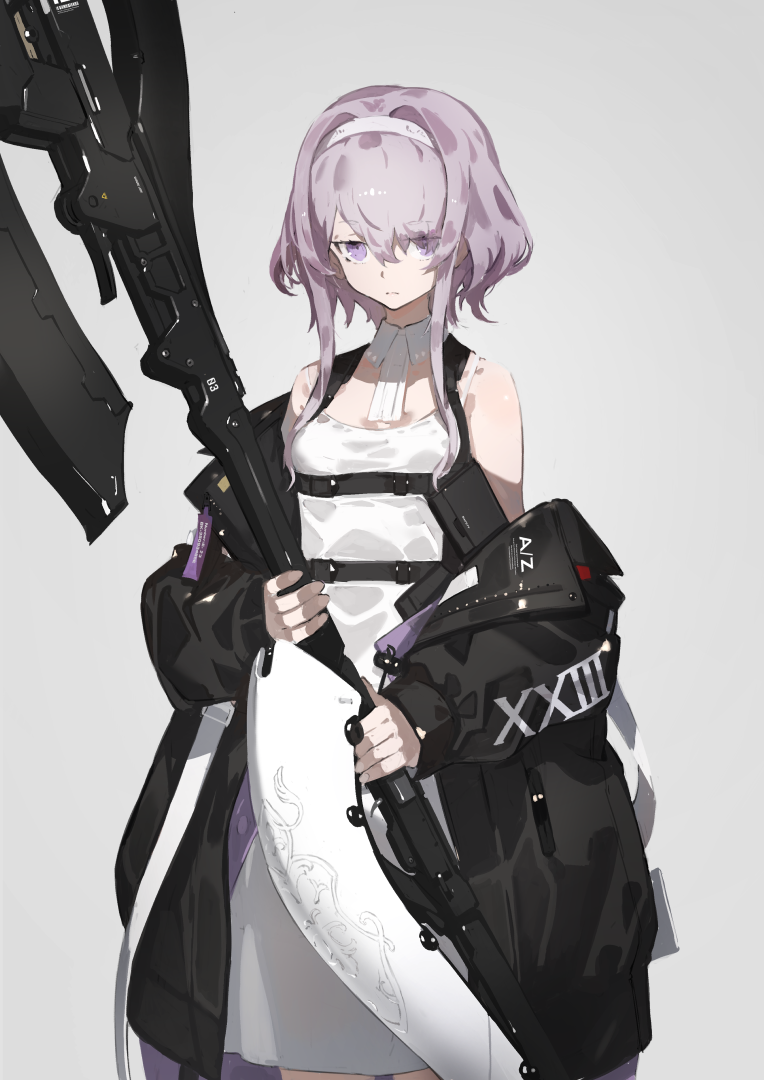 1girl bangs bare_shoulders belt black_coat clothes_writing coat cowboy_shot dress eyebrows_visible_through_hair grey_background hair_between_eyes hair_over_one_eye headband holding holding_weapon looking_at_viewer neco open_clothes open_coat original purple_hair short_hair_with_long_locks sidelocks sleeveless sleeveless_dress solo standing violet_eyes weapon white_dress