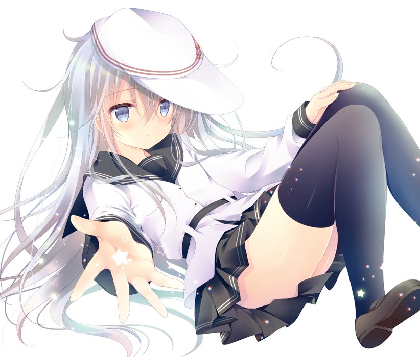 1girl black_legwear blue_eyes closed_mouth commentary hibiki_(kantai_collection) kantai_collection knees_together_feet_apart knees_up long_hair looking_at_viewer lying_on_cloud pleated_skirt reaching_out school_uniform serafuku shirogane_hina skirt solo star thigh-highs verniy_(kantai_collection)