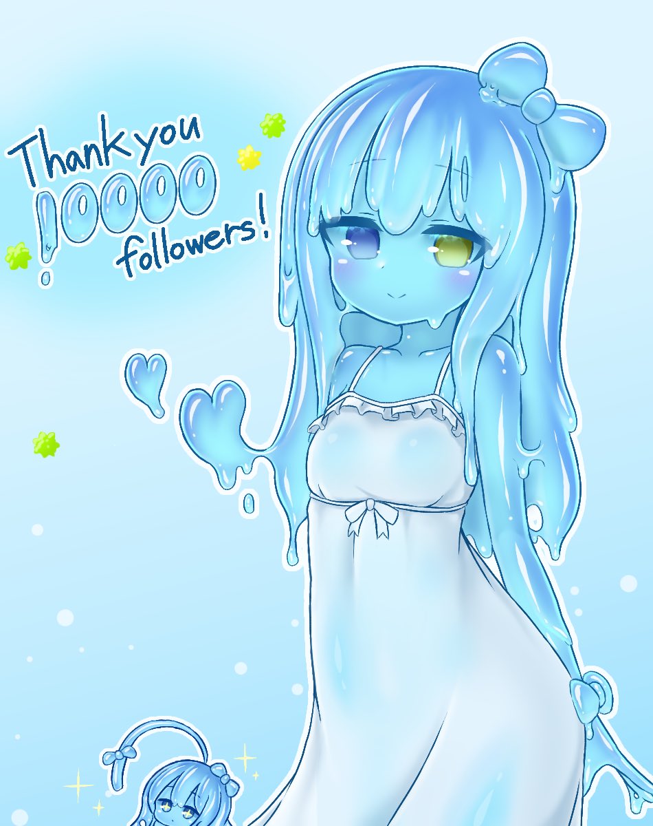 +_+ 2girls blue_bow blue_hair blue_sclera blue_skin blush bow breasts chibi closed_mouth colored_sclera colored_skin contrapposto curss dress english_text hair_bow heart heterochromia highres long_hair looking_at_viewer milestone_celebration monster_girl multiple_girls original outline slime_girl small_breasts smile solo_focus sparkle sundress tenori_(curss) violet_eyes wet wet_clothes wet_dress white_dress white_outline wrist_bow yellow_eyes