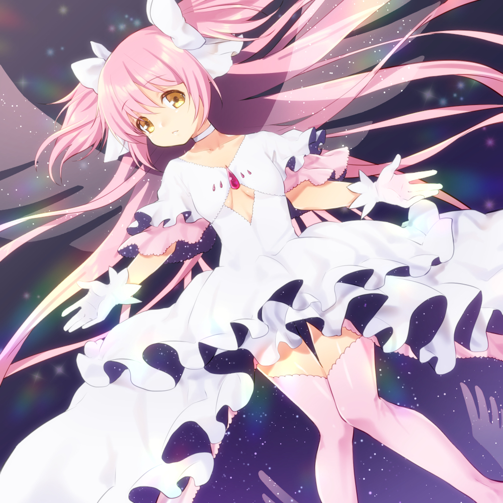 1girl absurdly_long_hair arms_at_sides breasts busujima_funya choker dot_nose dress dutch_angle expressionless eyebrows_visible_through_hair feet_out_of_frame floating floating_hair frilled_dress frilled_sleeves frills gloves goddess_madoka hair_between_eyes hair_ribbon kaname_madoka light_particles long_dress long_hair looking_away mahou_shoujo_madoka_magica nebula outstretched_arms palms parted_lips pink_hair pink_legwear ribbon shiny shiny_hair shiny_skin sidelocks sky small_breasts solo space sparkle star_(sky) starry_sky starry_sky_print straight_hair thigh-highs transparent_wings two_side_up under_boob very_long_hair white_choker white_dress white_gloves white_neckwear white_ribbon wide_sleeves wings yellow_eyes zettai_ryouiki