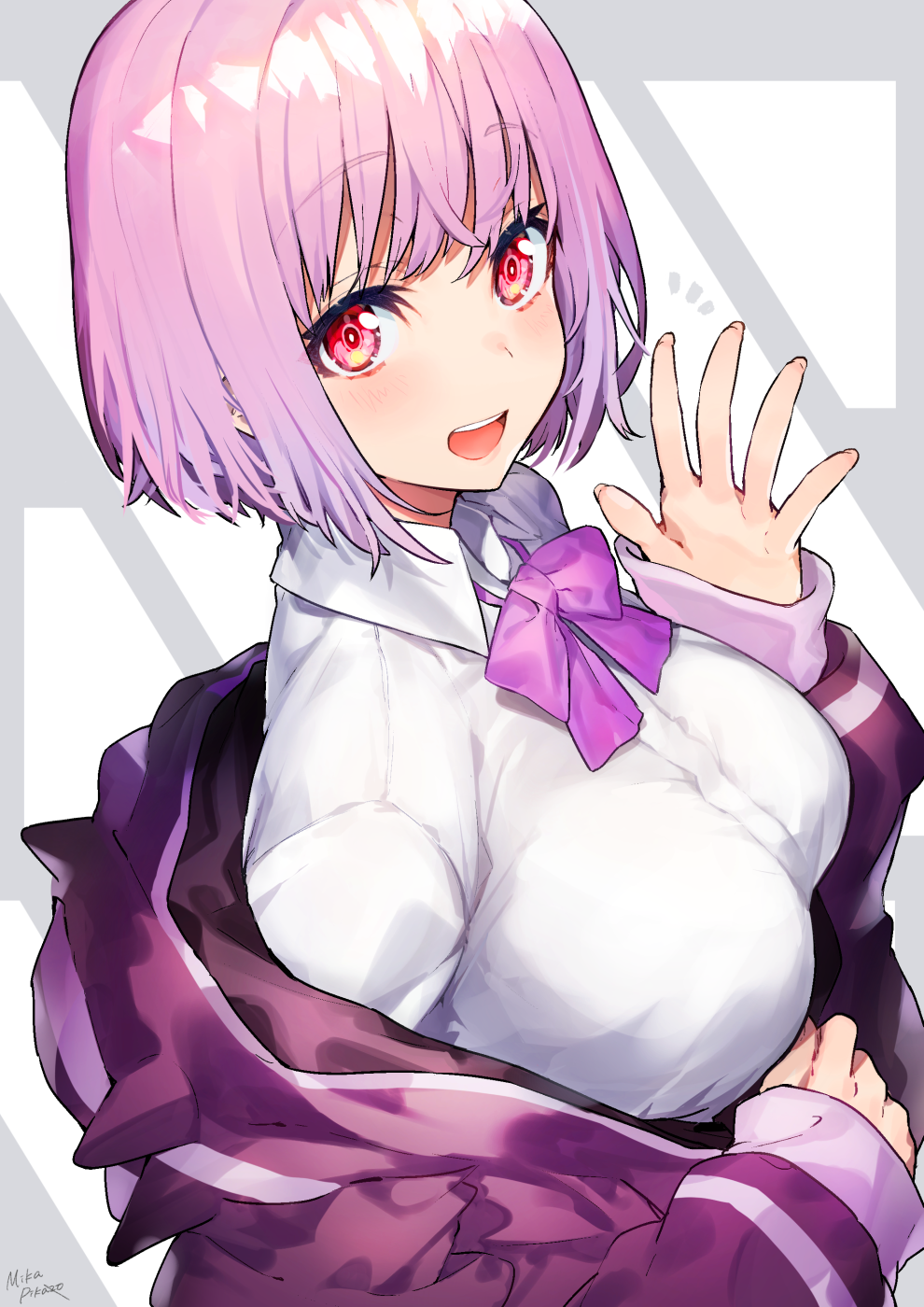 1girl :d bangs blush bow bowtie breasts collared_shirt eyebrows_visible_through_hair hand_up has_downscaled_revision highres jacket large_breasts lavender_hair long_sleeves looking_at_viewer mika_pikazo off_shoulder open_mouth purple_bow purple_jacket red_eyes school_uniform shinjou_akane shirt short_hair simple_background smile solo ssss.gridman upper_body upper_teeth white_shirt