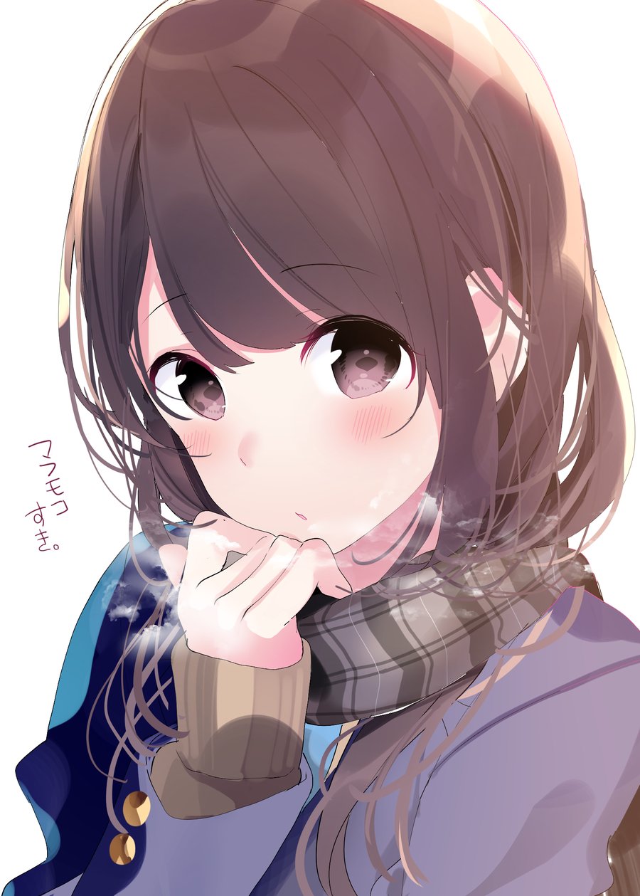 1girl bangs blazer blue_jacket blush breath brown_eyes brown_hair brown_scarf chikuwa. commentary_request eyebrows_visible_through_hair hand_up highres jacket long_hair long_sleeves original parted_lips plaid plaid_scarf scarf school_uniform simple_background sleeves_past_wrists solo translated upper_body white_background