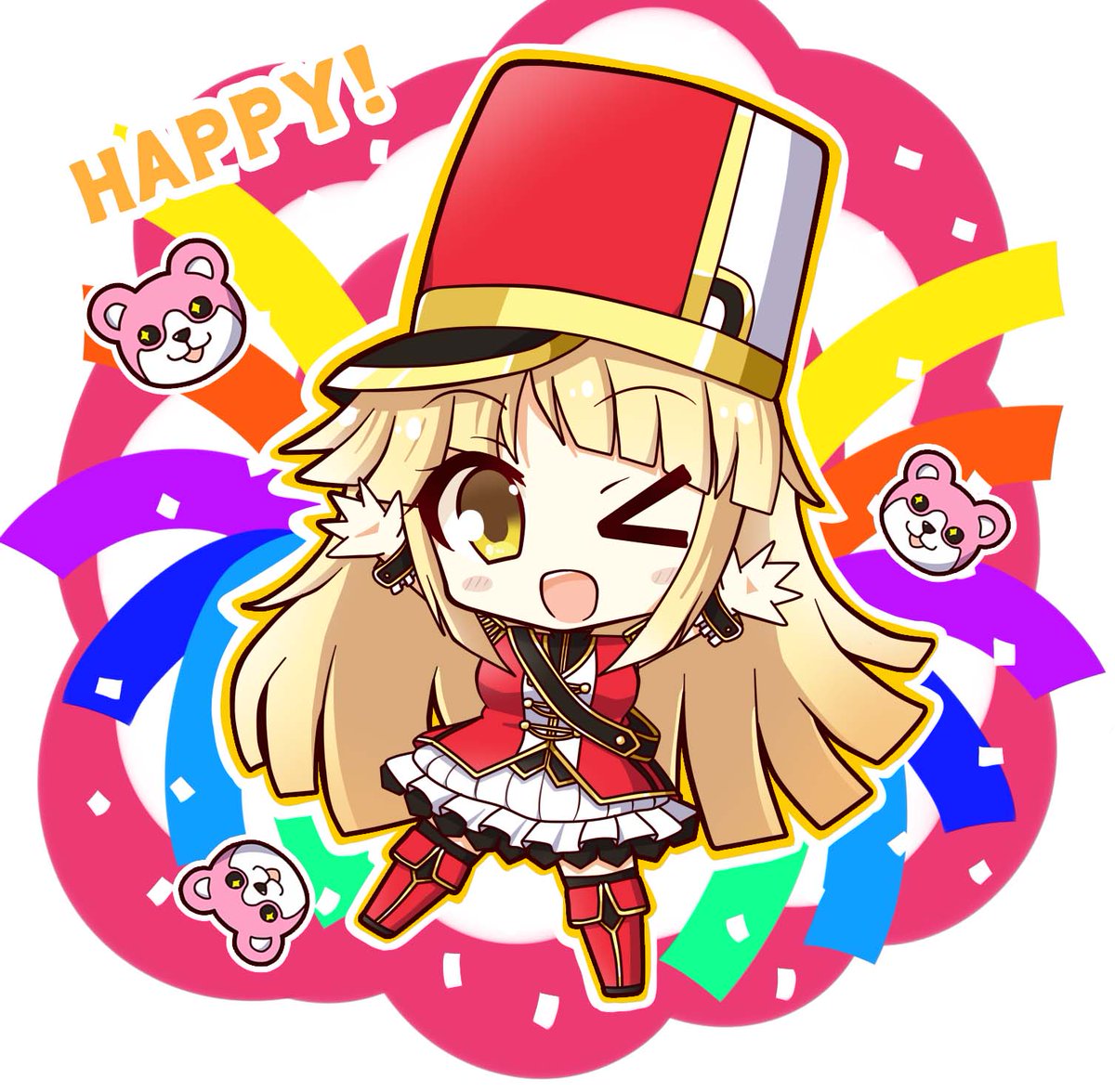 &gt;_o 1girl arms_up bang_dream! birthday blonde_hair blush_stickers boots breasts chibi commentary_request confetti english_text epaulettes eyebrows_visible_through_hair hasewox hat long_hair marching_band medium_breasts michelle_(bang_dream!) multicolored multicolored_background multicolored_clothes one_eye_closed open_mouth shako_cap standing standing_on_one_leg tagme thigh-highs thigh_boots tsurumaki_kokoro yellow_eyes zettai_ryouiki