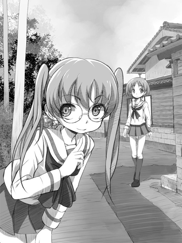 2girls bangs blouse building closed_mouth commentary_request eyebrows_visible_through_hair girls_und_panzer glasses gofu kneehighs leaning_forward loafers long_hair long_sleeves looking_at_viewer maruyama_saki miniskirt multiple_girls neckerchief ooarai_school_uniform oono_aya outdoors pleated_skirt pointing pointing_up ribbon road round_eyewear school_uniform serafuku shoes skirt smile standing street tree twintails
