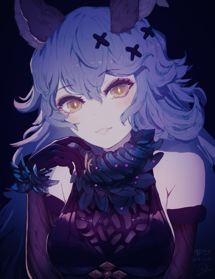 1girl animal_ears bangs bare_shoulders black_background black_dress black_gloves blush breasts bright_pupils brown_eyes dated dress elbow_gloves erune eyebrows_visible_through_hair ferry_(granblue_fantasy) fur-trimmed_gloves fur_trim gloves granblue_fantasy hair_ornament hand_up long_hair looking_at_viewer medium_breasts minyom parted_lips signature simple_background sleeveless sleeveless_dress smile solo upper_body x_hair_ornament