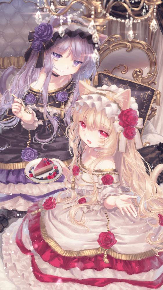 2girls :d animal_ear_fluff animal_ears bangs black_dress blonde_hair blueberry blurry blurry_foreground cake cat_ears cat_girl cat_tail closed_mouth commentary_request depth_of_field dress eyebrows_visible_through_hair flower food fork fruit hair_between_eyes hair_flower hair_ornament holding holding_fork holding_plate long_hair long_sleeves multiple_girls open_mouth original pillow plate purple_flower purple_hair purple_rose raspberry red_eyes red_flower red_rose rose slice_of_cake smile tail very_long_hair violet_eyes white_dress yumeichigo_alice
