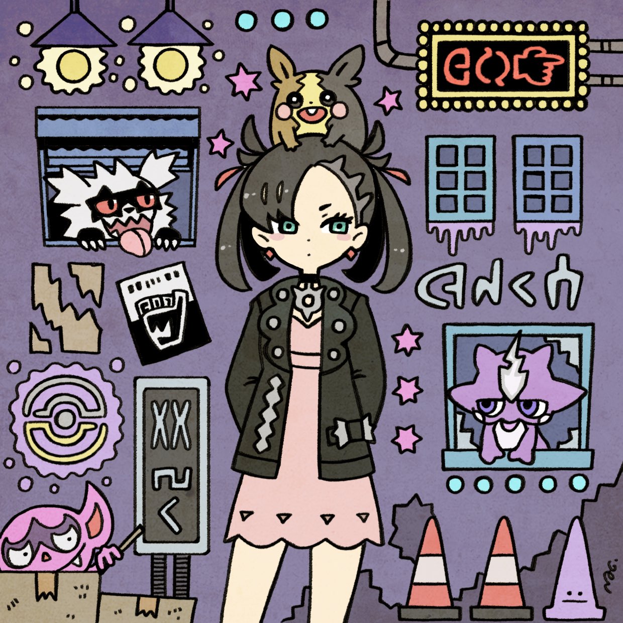 1girl against_wall arms_behind_back black_hair blue_eyes box cardboard_box ditto galarian_zigzagoon garouma gen_1_pokemon gen_8_pokemon highres impidimp mary_(pokemon) morpeko neon_lights pokemon pokemon_(game) pokemon_swsh toxel traffic_cone twintails window