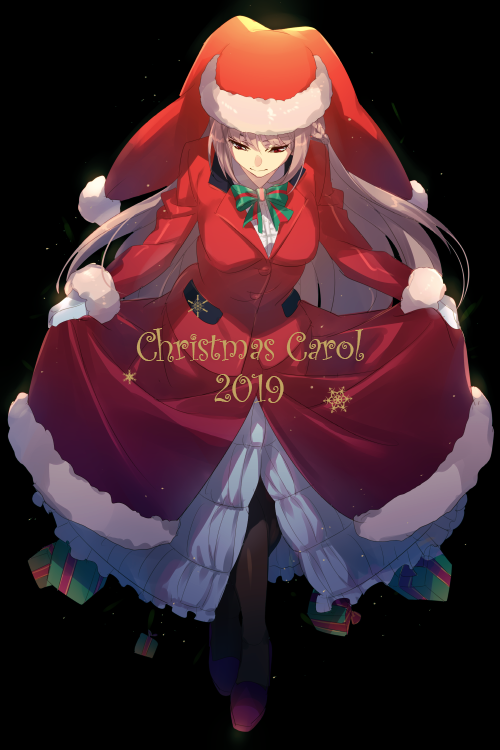 1girl black_background bow bowtie cis05 curtsey dress english_text fate/grand_order fate_(series) florence_nightingale_(fate/grand_order) florence_nightingale_santa_(fate/grand_order) fur-trimmed_sleeves fur_trim gift hat long_hair pantyhose pink_hair red_dress red_eyes santa_hat